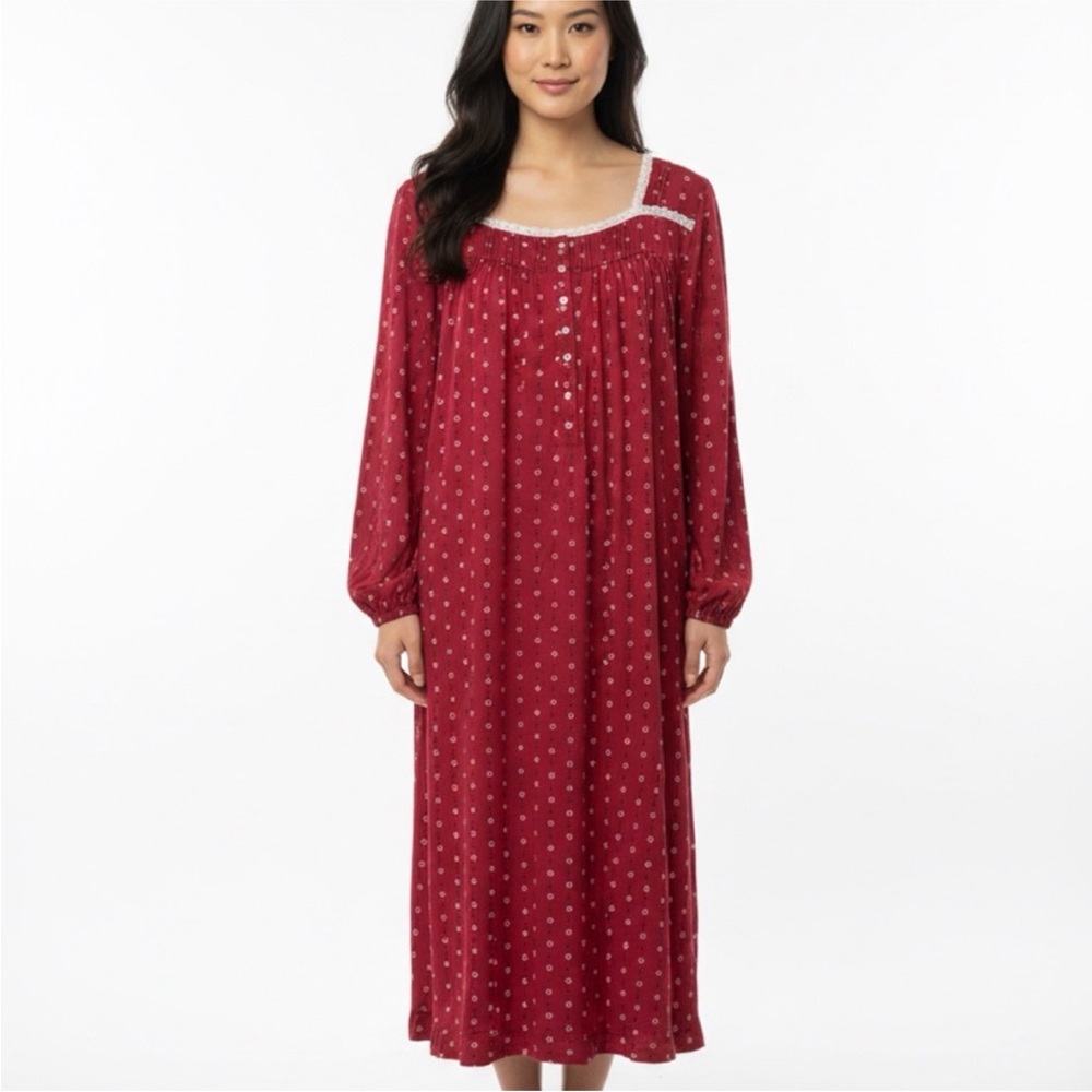 Eileen West long nightgown red white floral lounge with ruffle at sleeves Sz M
